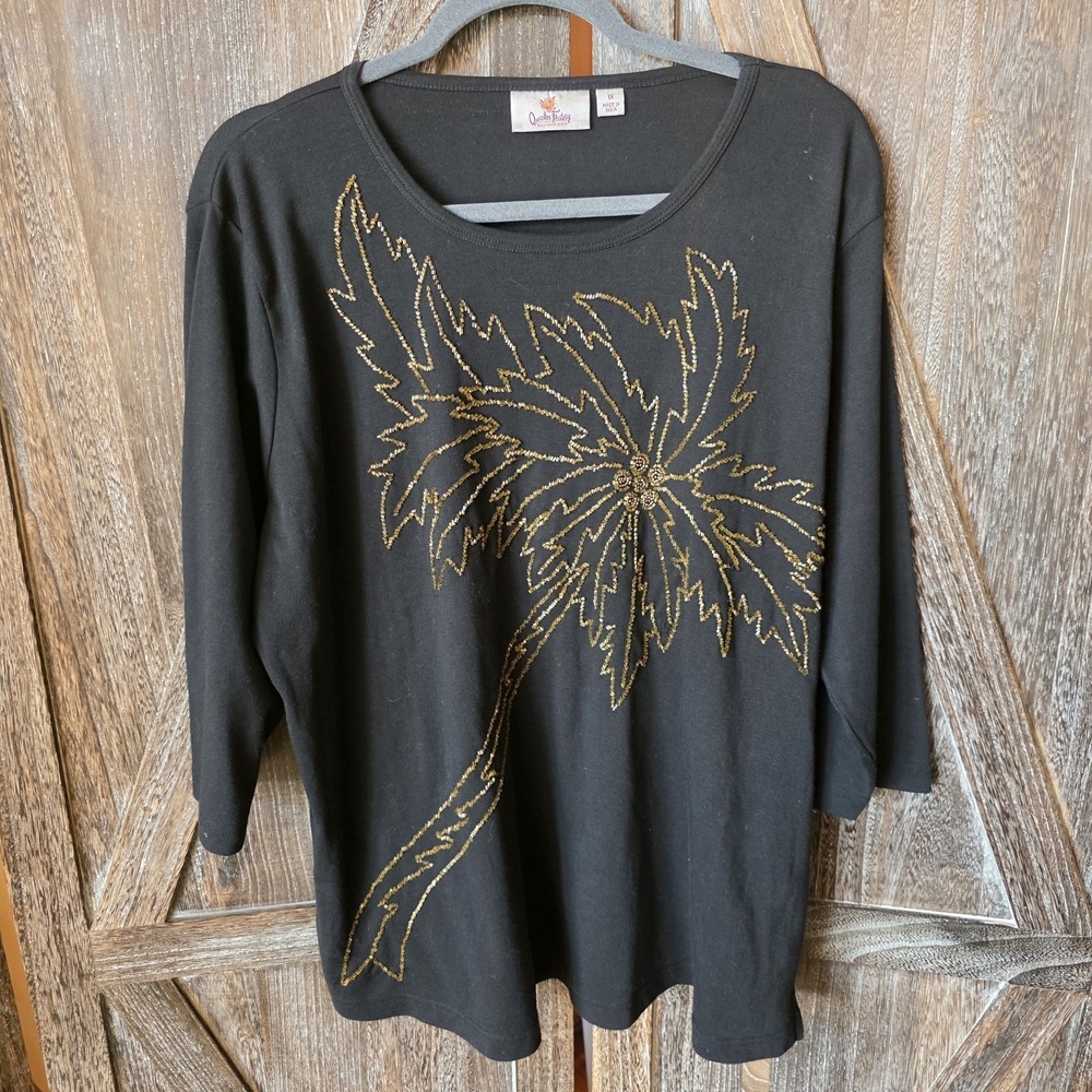 Quacker Factory Shirt Womens 1X Black Floral Sequin Beads‎ 3/4 Sleeve Stretch